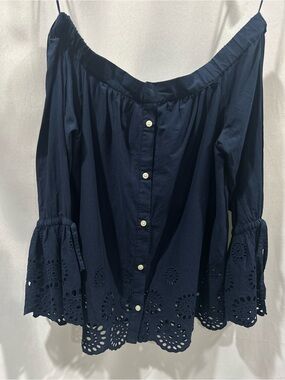 Anthropologie Isabella Sinclair Navy Off-Shoulder Eyelet Bell-Sleeve Blouse